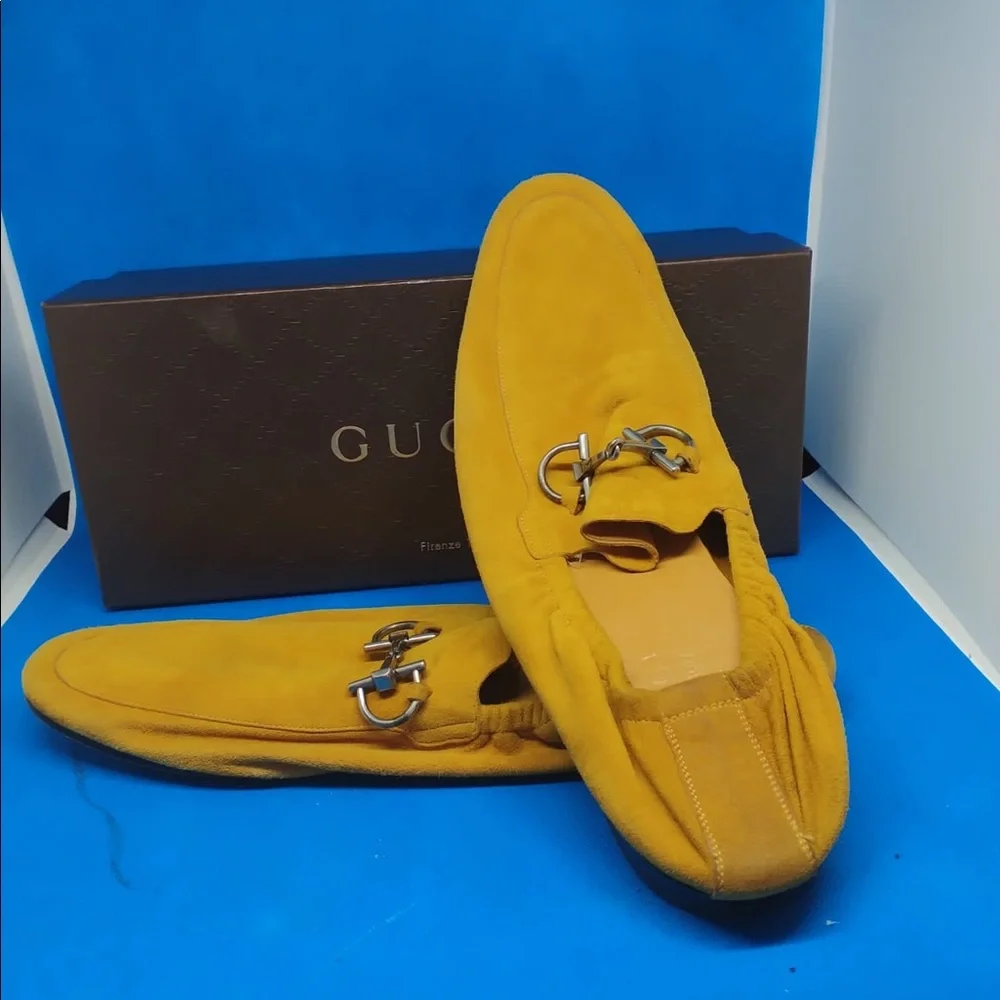 Men's Yellow Mustard Suede Horsebit Driver Loafers‎ - Picture 2 of 6
